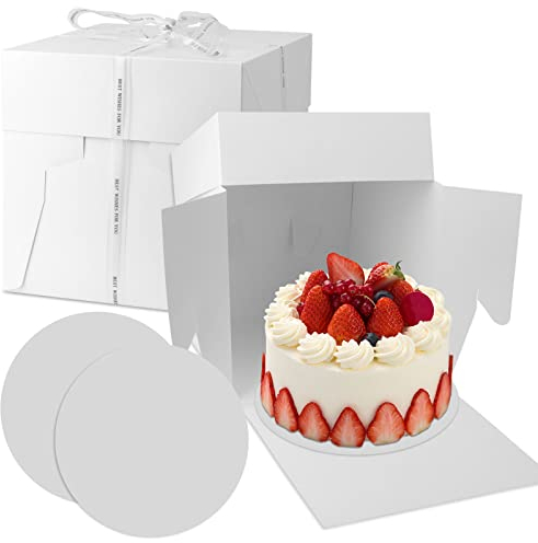 Towviy 2PCS Boite Gateau Carton, Boite Patisserie Carton Boite Transport Gateau Boite en Carton pour Gateau Boite a Gateau Transportable avec Ruban Blanc, 30 x 30 x 30 cm, Blanc