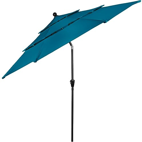 Pure Garden 10 Ft Patio Umbrella - 3-Tiered Sunshade with Push Button Tilt and Easy-Open Crank - Outdoor Umbrella for Deck or Pool (Teal)