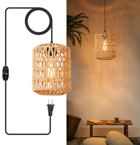YXTH Plug in Pendant Light, Rattan Hanging Lights with Plug in Cord 15ft Dimmable Cord, Hand Woven Wicker Lampshade Hanging Lamp, Boho Plug in Hanging Ceiling Light Fixture for Farmhouse Bedroom