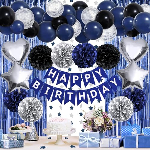 ZERODECO Geburtstagsdeko Marineblau Schwarz, Happy Birthday Girlande Pompons Fransen Vorhang Luftballons Geburtstagsdeko Jungen Geburtstagsdeko Herren Kindergeburtstag Deko Geburtstag Party Zubehör