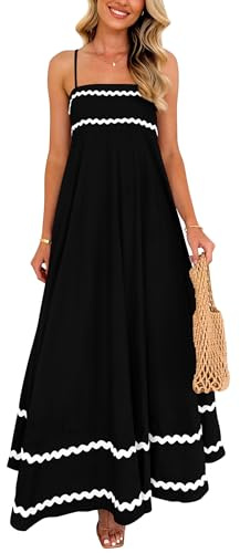 PRETTYGARDEN Women's 2026 Summer Flowy Maxi Dress Casual Sleeveless Spaghetti Strap Ruffle Beach Long Dresses (Black,Small)