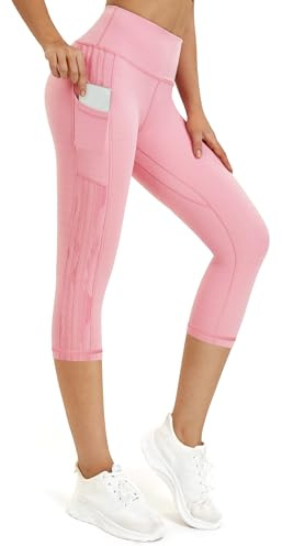 Rexspek Pantalones deportivos para mujer 3/4 con bolsillo, opacos leggings deportivos para mujer, pantalones de chándal para mujer, pantalones capri, pantalones de fitness para mujer, Rosa., M