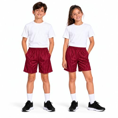 KHIM barn skugga rand skola PE shorts pojkar flickor sommar gym sport fotbollsspel cykelshorts, Rödbrun 2-pack, 3-4 Years