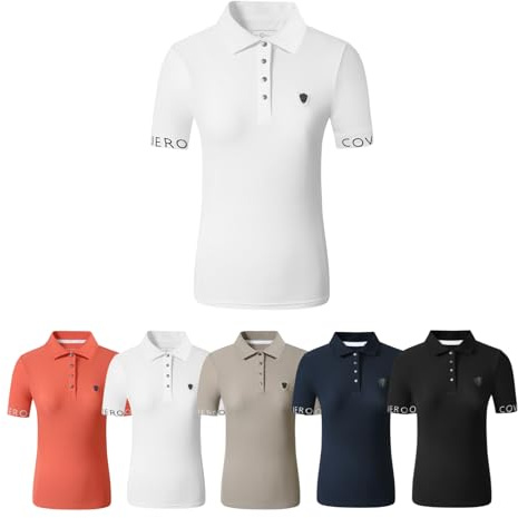 Covalliero RL24 - Damen Poloshirt Sportliches Polo-Shirt mit Kragen – Kurzarm Sportshirt – atmungsaktives & leichtes Reitshirt – Reitbekleidung in Weiß – Größe L