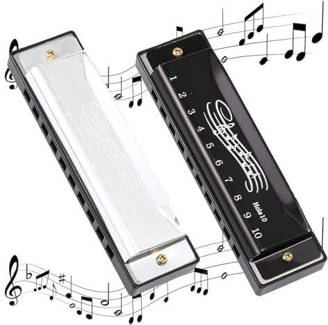 Bisienya 2 Pcs of Harmonica,Harmonicas for Adults,10-Hole Key of C Harmonica Kids,Small and Portable,a Variety of Playing Styles,Suitable for Children,Adult Beginners and Performers (Black + Silver)