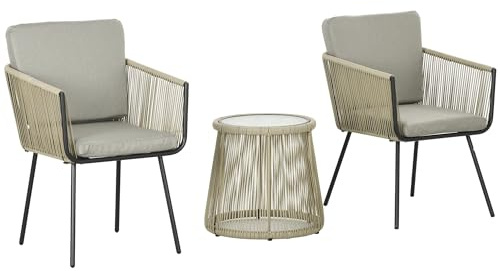 Outsunny Set da Giardino 3 Pezzi in Rattan PE e Acciaio, Set 2 Sedie con Cuscini Lavabili, Braccioli, Tavolino da Caffè con Piano in Vetro, Set di Mobili da Balcone Patio Cortile, Caffè/Grigio Chiaro