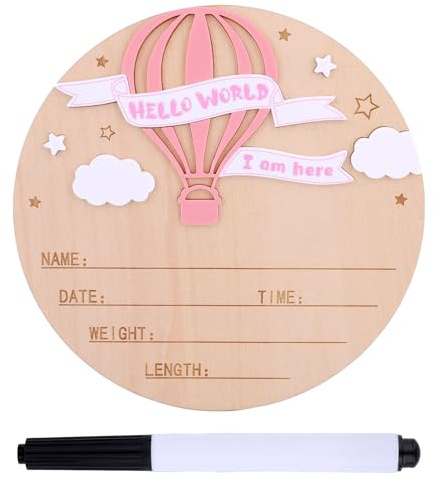 Birth Announcement Sign with Pen, 5.9in Wooden Birth Announcement Plaque Newborn Baby Name Sign for Nursery Hospital Photo Prop Supplies (Pink))