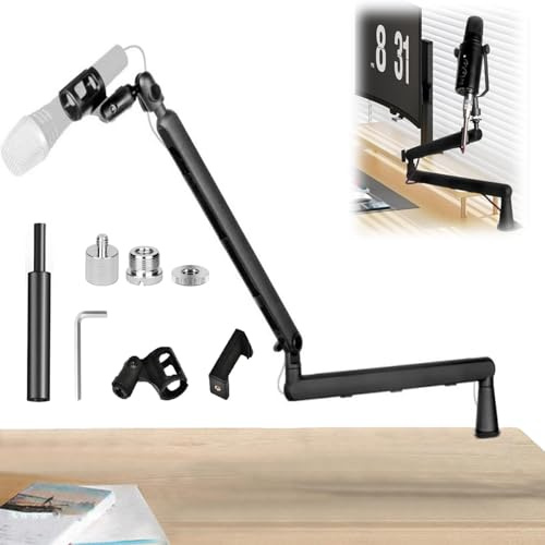 Brazo Microfono, Brazo de Micrófono de Perfil Bajo Brazo de Micrófono Premium Giratorio de 360° Soporte de Micrófono Universal con Barra de Extensión Adicional Para Juegos Podcasting