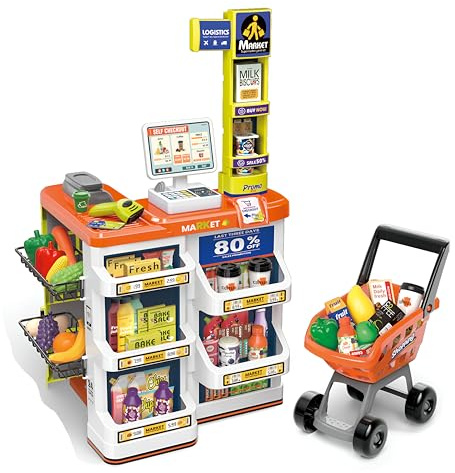 Children’s Supermarket Role Play Toy Set with Scanner, Trolley, Lights & Sounds – 60 Piece Pretend Shop with Food, Till & Play Money – Kids Imaginative Play Store for Boys & Girls Ages 3+