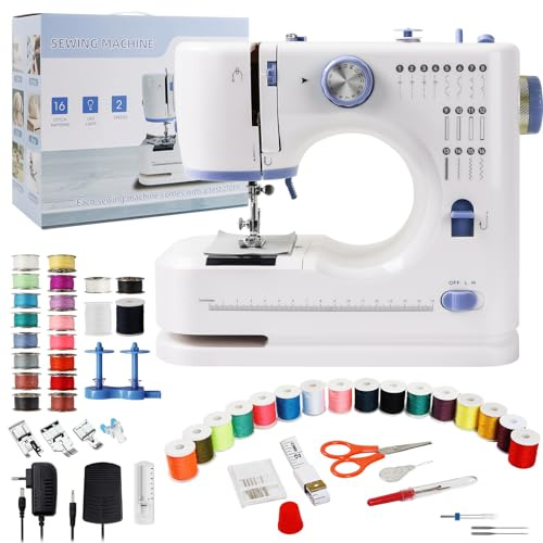 Nähmaschine für Anfänger und Kinder, Qoosea 16 Stichmuster Overlock Nähmaschine Einfach zu Bedienen, Portable Mini Sewing Machine mit LED-Nählicht Einstellbarer Nähgeschwindigkeit-Lila