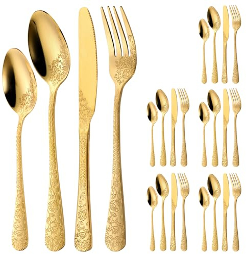 24 stycken bestick-set för 6 personer rostfritt stål cutlery set med rosensnideri 6 x knivar 6 x gafflar 12 x skedar matbestick högglanspolerad diskmaskinssäker för alla hjärtans dag bröllop (guld)