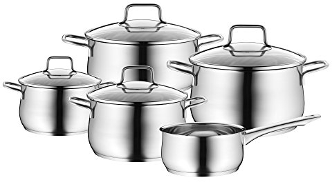 WMF Mattea Topfset Induktion 5-teilig, Kochtopf Set mit Glasdeckel, Cromargan Edelstahl poliert, Induktions Töpfe Set unbeschichtet