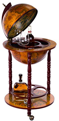 Edler Barwagen 36001, mit massiven Eukalyptusholz Säulen, geöffnet 103 cm hoch und 47 cm breit, antike Weltkugel Globusbar, Bartisch, Hausbar, Barwagen, Weltkugel, Cocktailbar, Dekobar, Tischbar