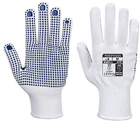 Portwest A110 Nylon Polka Dot Handske Sömlöst Stickat Foder Andningsbar | Vit/Blå, M, EN 388 (214XX), EN ISO 21420 Fingerfärdighet 5, Normal Passform, Polyester, Hög Fingerfärdighet, Skärbeständig