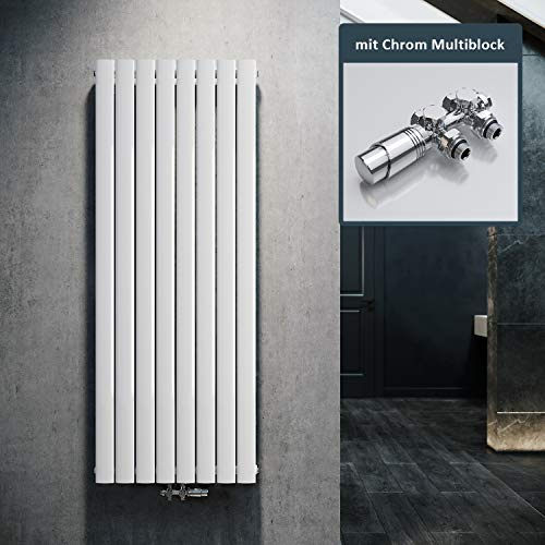 ELEGANT Radiateur au design plat vertical, blanc, 1600 x 616 mm, avec multibloc chromé, thermostat, monocouche, raccord central