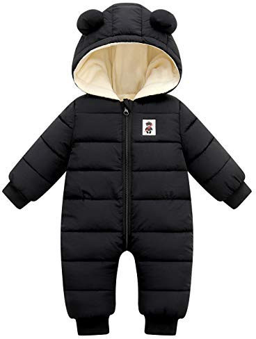Happy Cherry Hooded Puffer Jumpsuit for Baby Boys Girls Long Sleeve Winter Romper Warm Snowsuit Coat Down Jacket 0-6 Months Black