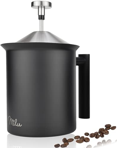 Milu Milchaufschäumer manuell | 400ml, 800ml | Edelstahl Hand Milschäumer für Milch Cappuccino, Kaffee, Latte, Heiße Schokolade (Schwarz, 800ml)