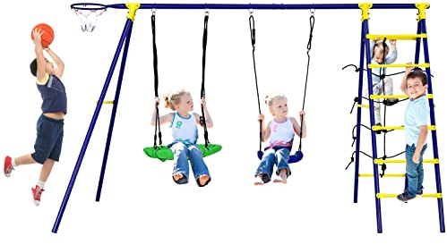 GYMAX Kids Swing Set, Metal Swing A-Frame with 2 Swings, Basketball Hoop, Climbing Rope & Climbing Ladder, Outdoor Children Playground Playset for Garden (Yellow+Blue, 5 in 1: 294‎x138x176cm)