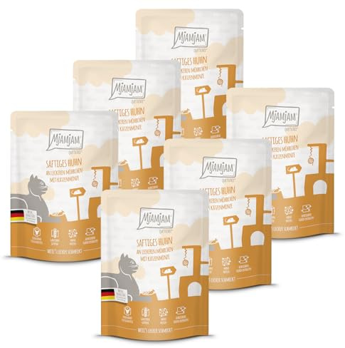 MjAMjAM - nourriture humide premium pour chats - Quetschie - poulet juteux avec de délicieuses carottes, pack de 6 (6 x 300 g), sans céréales avec un supplément de viande