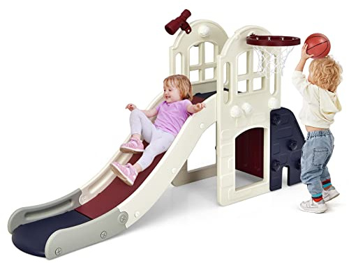 COSTWAY Scivolo per Bambini 6 in 1, Set da Gioco per Bambini con Canestro, Palla, Lancio dell'Anello e Cannocchiale, Ideale per Interni ed Esterni per Ragazzi e Ragazze, 189,5 x 83 x 98 cm (Blu)