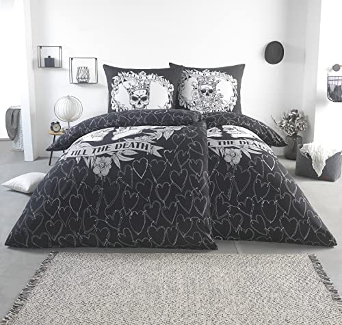 BaSaTex Microfaser Partner Bettwäsche mit Wendemotiv | 2X 135x200 Bettbezug + 2X 80x80 Kissenbezug | Mikrofaser Bettwäsche Set 4 teilig für Paare | Design: Till The Death Dark