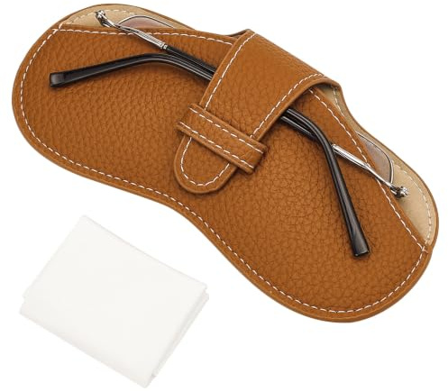 CREATCABIN Leather Glasses Case Portable Sunglasses Pouch Travel Lightweight Slim Squeeze Eyeglasses Holder Bag with Suede Fiber Cleaning Cloth for Women Men Chocolate