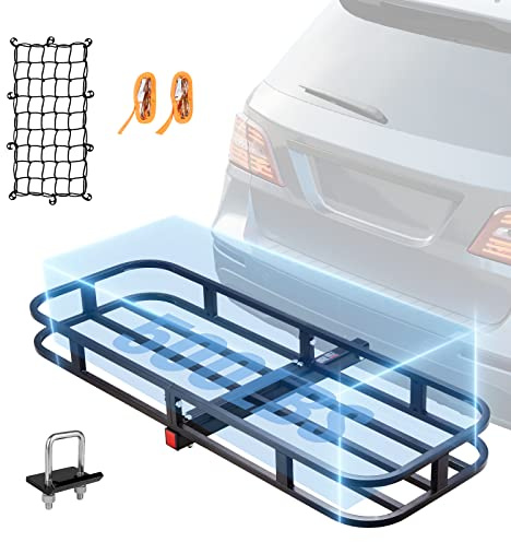 VEVOR 53 x 19 5 in Hitch Cargo Carrier, 500lb Capacity Trailer Mount Basket, Steel Luggage Carrier Rack Fits 2'' Receiver for SUV Truck Pickup with Net, Stabilizer, Straps, Black