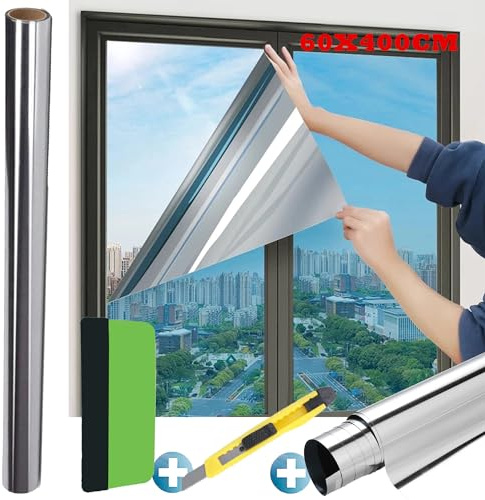 SGDDFIT Solskyddsfilm, UV-skyddande solskyddsfilm fönster interiör eller exteriör, silverreflekterande fönsterfilm, självhäftande spegelfilm, restfri solskyddsfilm (60x400cm)