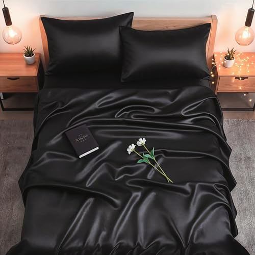 Colorado Home Co SUNDAYSILKS™ | 100% Mulberry Silk Bed Sheets | 4PC Natural Mulberry Silk Bedding Set | Soft & Durable | Grade 6A Organic Real Silk Sheets Set [Midnight Black]