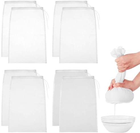 Lot de 8 sacs à étamine réutilisables avec cordon de serrage pour la fabrication de confitures, 20 x 30 cm, sacs en maille filet pour la cuisine, le yaourt, le lait de noix, la filtration des aliments