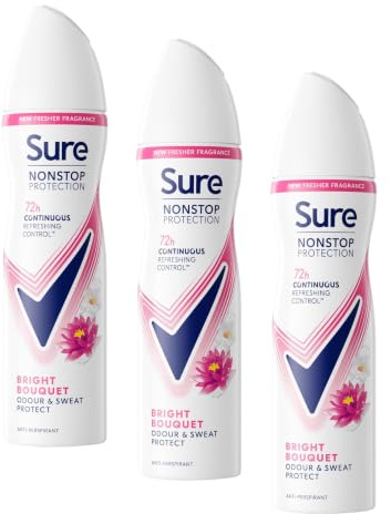 Sure Women Nonstop Protection Bright Bouquet Anti-Perspirant Aerosol women's deodorant spray with Body Heat Activated technology for 72-hour protection against odour and sweat 150 ml (Pack of 3)