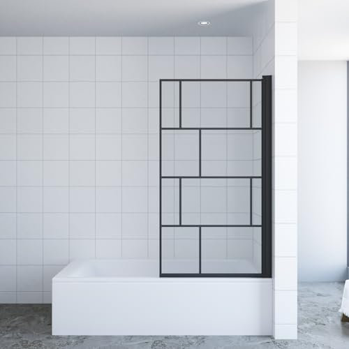 Paroi de douche baignoire sans perçage - Noir - Décor à carreaux - 80 x 140 cm - En verre de sécurité Nano - Paroi pliante - Porte serviettes - 5 mm