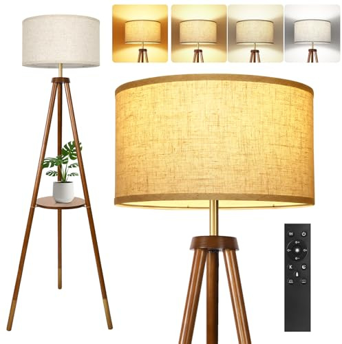 OUTON Solid Wooden Tripod Floor Lamp, Bulb Included, Standing Lamp with Remote Control, Dimmable & 4 Color Temperatures, 1H Timer, Floor Lamp with Storage Shelf for Living Room, Walnut and Gold