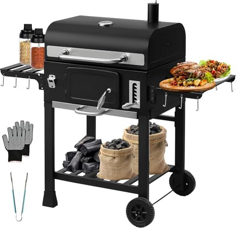 TEENO XXL Barbecue Charbon de Bois XXL - avec Couvercle, Thermomètre Intégré, Gants Anti-Chaleur, Cheminée, Ouvre-Bouteille & Fumoir - Grand Modèle pour Grillades Extérieures, Partis et Famille