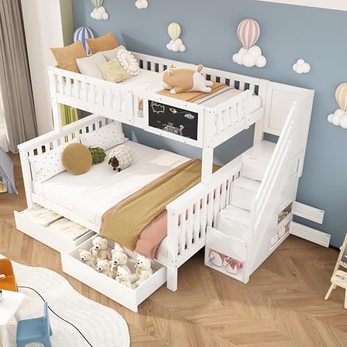 RIAZOS Etagenbett für 3 Kinder, Kinderbett mit 2 Schubladen und 4 Stauraumtreppe, 90x200cm+140x200cm, Funktionsbett Stockbett Hochbett Jugendbett, Weiß, ohne Matratze