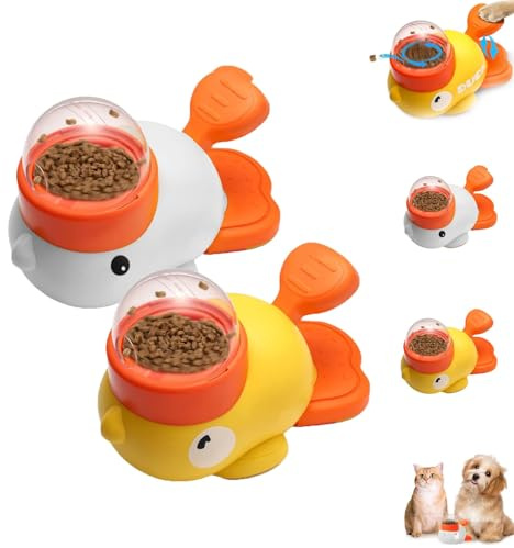 El comedero rompecabezas con forma de pato dispensa croquetas mientras las mascotas se acurrucan y juegan, fomentando una alimentación más lenta y la estimulación mental de perros y gatos (2PCS)