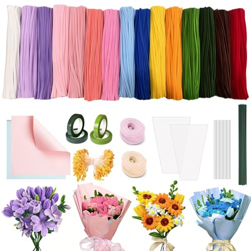 Feithmonic 800 Piezas Limpiapipas Manualidades, 15 Colores Limpiapipas Flores Kit, Alambre de Chenilla Multicolor,Tallo Floral Estambres Cintas Adhesivas Listón, Pipe Cleaners Set para DIY Decoración