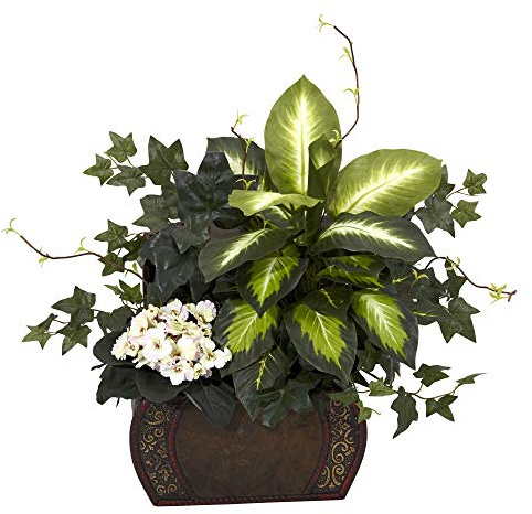 Nearly Natural African Violet, Dieffenbachia & Ivy with Chest Silk Plant