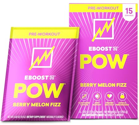 EBOOST POW Natural Pre Workout Powder - 15 Packets, Berry Melon Fizz - Preworkout Energy Booster Gym Supplement Drink Mix for Men and Women - Performance, Joint Mobility Support - Gluten-Free