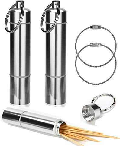 OOTSR Porte Cure-Dents Support Poche Boîte à Pilules Pilulier avec Porte-Clés Alliage D'aluminium Portable Imperméable étanche pour Voyage Camping Extérieur avec Kechain Cable [2 Pack]