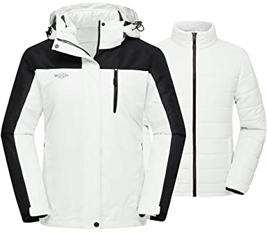 wantdo Women's 3 in 1 Waterproof Ski Jacket Detachable Hood Rain Jacket Ivory & Black L