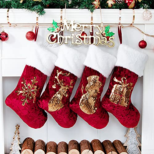 Beyond Your Thoughts Calcetín de Navidad para rellenar y colgar, calcetines de Papá Noel, decoración navideña para chimenea, árbol de Navidad, pared, escaleras, rojo y dorado, juego de 4