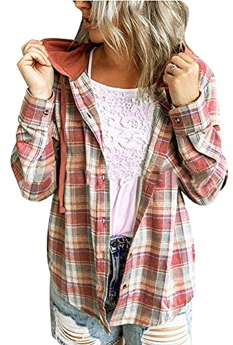 Uposao Surchemise Femme Veste a Carreaux, À capuche Chemise à Carreaux dhiver pour Femme, Chemise Décontracté Oversized Chemisier Blouse Femme Chemise Carreaux Manches Longues Shirt Blouse (Rouge XL)