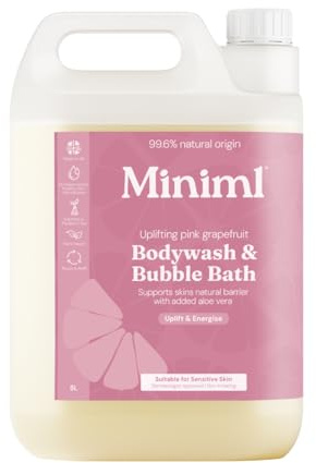 Miniml All Natural Body Wash and Bubble Bath - 5L Refill Moisturising Pink Grapefruit and Aloe Vera Sensitive Skin Eco Shower Gel Bath Soak - Vegan Friendly Hand, Face & Body High Foam Scrub