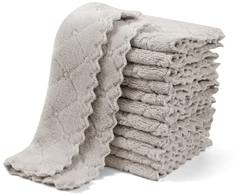 UMANI 12 Pack Kitchen Dish Cloths, Ultra Soft Absorbent Quick Drying Dish Towels, Nonstick Oil Microfiber Cleaning Cloth, Machine Washable Coral Fleece Cleaning Rags (Grey)