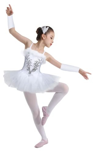 TTAO Vestido de ballet para niñas, traje de danza, camiseta de gimnasia, ballet sin mangas, traje de cisne, tutú, vestido de ballet, Blanco, 128