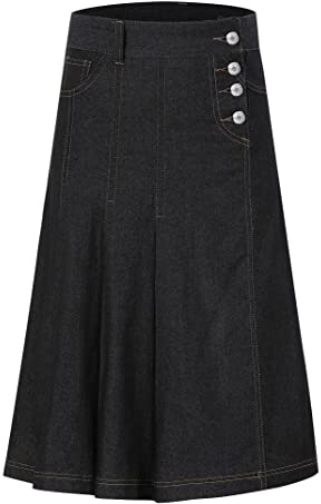 LIONJIE Little Girls Midi Skirt Denim A-Line Pleated Buttons Over-Knee Mid Waisted with Pocket Black 3-4 Years