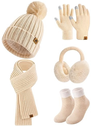 heekpek Mütze Schal Handschuhe Ohrenschützer und Socken Set Damen 5 Stücke Warme Wintermütze Winterschal Strick Winterzubehör Winterset 5 in 1, Beige