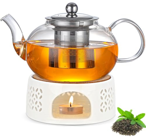 Umllpet Tekanna med gryta, tekanna i glas med infuser, tekanna, 1 000 ml glastekanna med sil i rostfritt stål och glaslock, tevärmare, tekanna för svart te, grönt te, fruktte