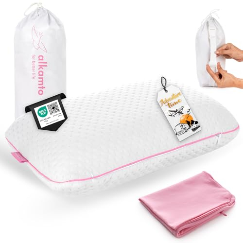alkamto Reisekissen – Campingkissen – Ergonomisches Memory-Schaum-Kissen mit Temperaturregulierendem Bezug – Extra Baumwollbezug – Inklusive Reisetasche (40 x 25 x 10 cm - Pink)